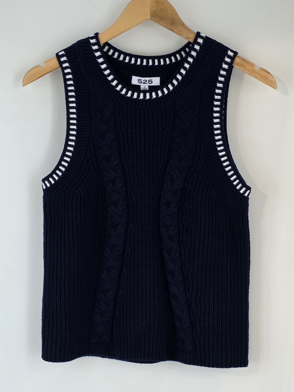 525 America Navy Crewneck Sweater with White Ribbed Stripe Accents Womens Small
